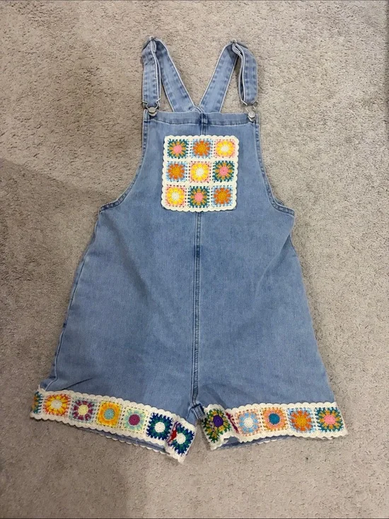 Tractr Light Blue Denim Crochet Accent Short Overalls