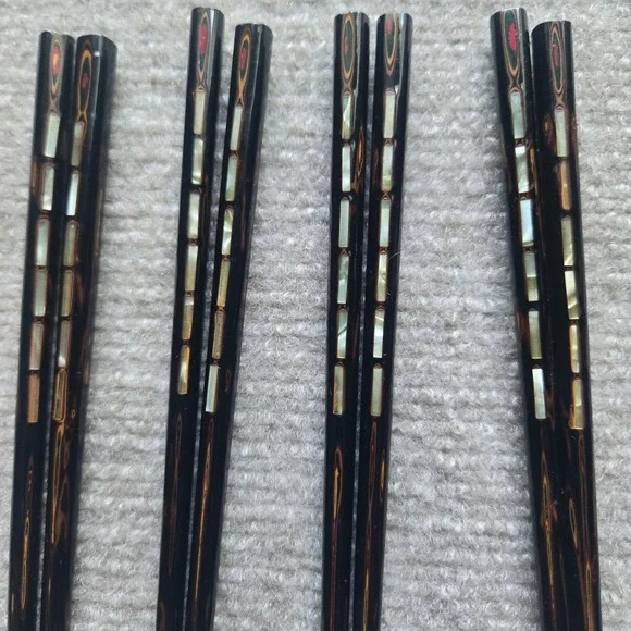 Vintage Japanese Wakasa Lacquer Wood Chopsticks Mother of Pearl Inlay 4 Pairs