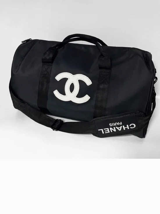 CHANEL Black Duffel Bag with White CC Logo