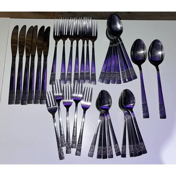Lot of 37 Continental Silver CSS29‎ Stainless Flatware Floral Black Accent