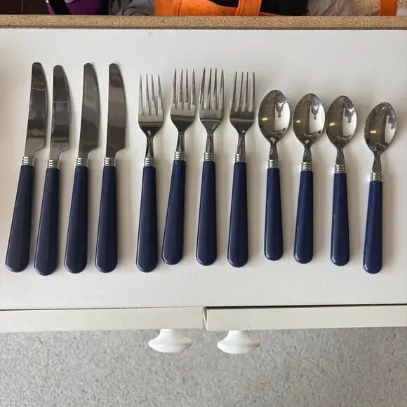 Vintage navy blue flatware set (12 pieces total)