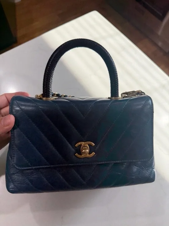 CHANEL Quilted Top Handle Satchel in Navy with Gold Hardware