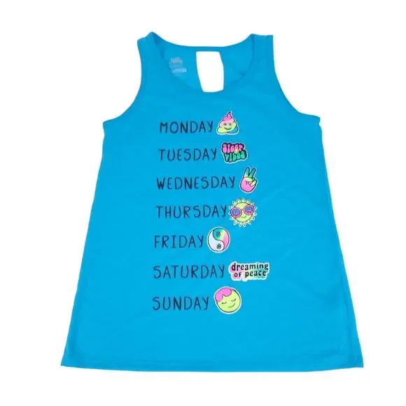 NEW Justice Girls Pajama Top Sleeveless Summer 12, Blue, Emojis, Day of the Week