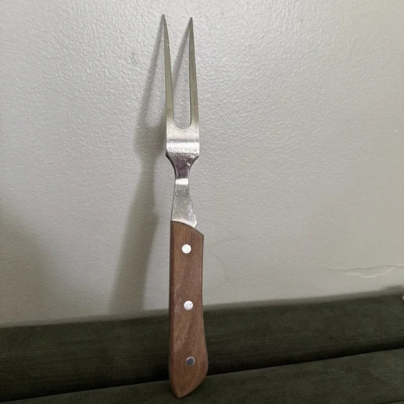 Solid Stainless Rogers Vintage Mid Century Meat Carving Fork Wood‎ Handle Japan