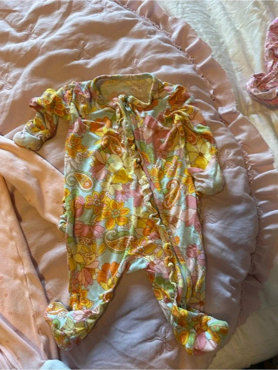 Floral Paisley Infant One-Piece Footed Pajamas - Pink, Yellow & Mint