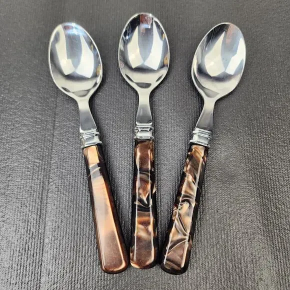 3 MIKASA 18/0 Tortoise Handle Flatware Brown Acrylic Handle Teaspoons 6.5