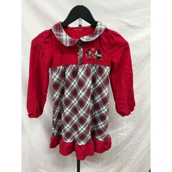 Vintage Disney Store Little Girls Red Plaid Minnie & Mickey Christmas Nightgown