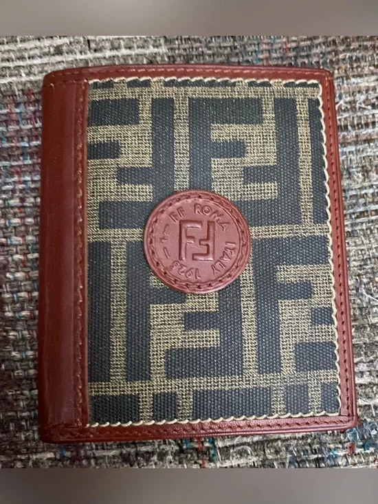 Fendi Brown and Beige FF Logo Bifold Wallet.