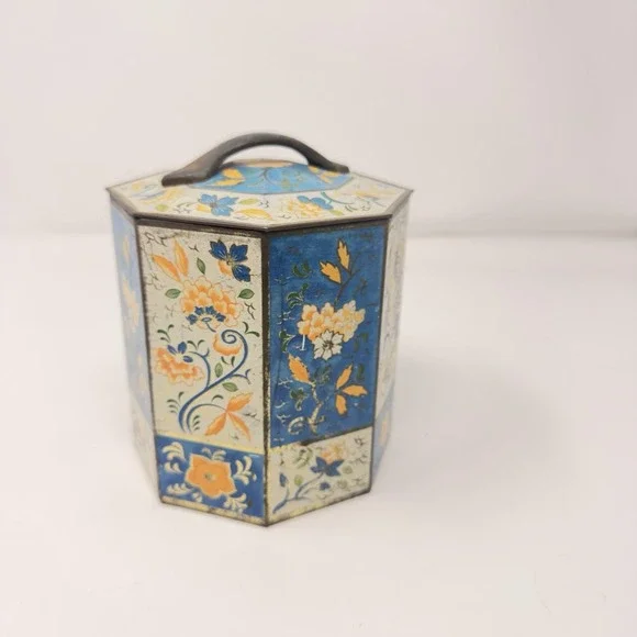 Vintage Sharps Toffee Tin Lid‎ Octagon Floral Blue Orange White Gold 5-3/4