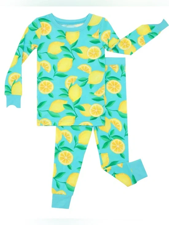 Little Sleepies Sunny Citrus 🍋 Lemon Print Pajama Set - Aqua and Yellow Size 4T