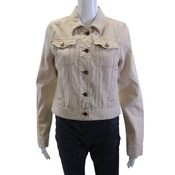 Free People Womens Beige Cotton Collared Button Boho Jacket Petite Size S