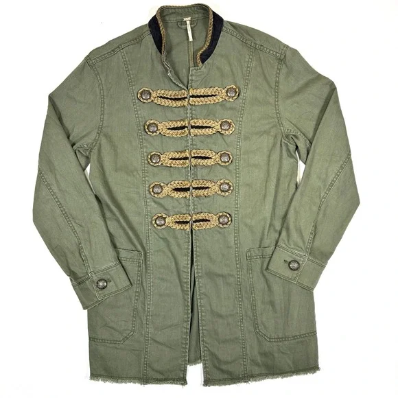 Free People Military Band Jacket Olive Green Gold Frog Closure Velvet Trim S