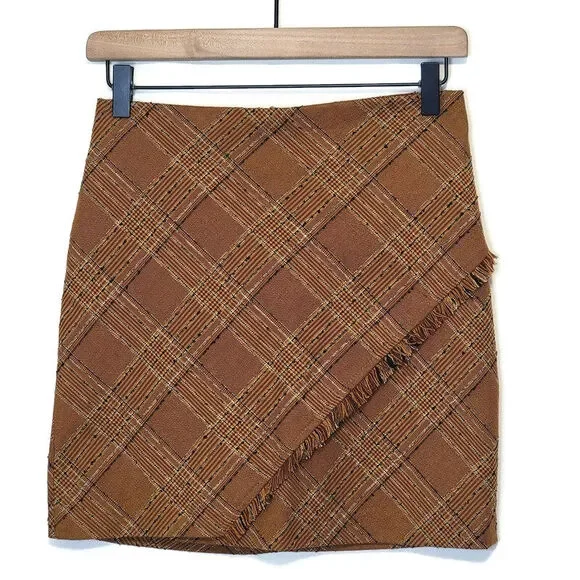 Free People Plaid Tweed Brown Mini Skirt Fringe Boho Preppy Fall Size 0