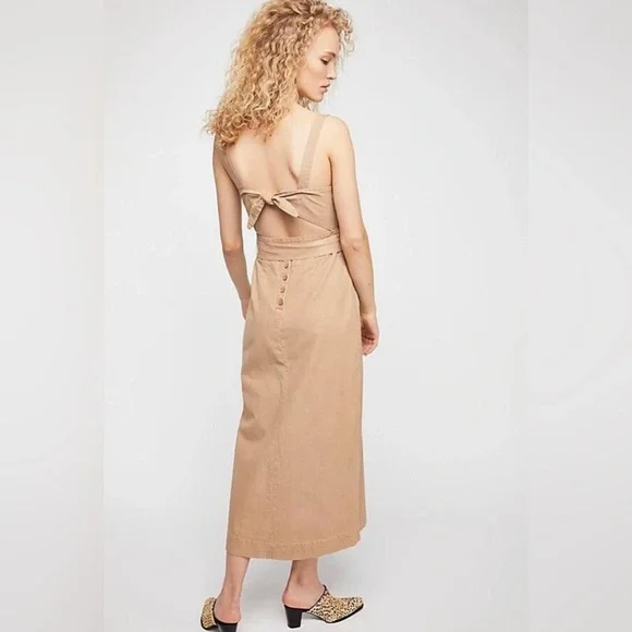 Free People open back tie button cotton fitted boho Dress 2 MSRP: $148 cottage