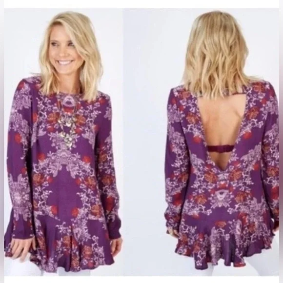 Free People Smooth Talker Purple Floral Open Back Long Sleeved Ruffled Tunic Top
