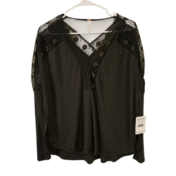 Free People Lola Waffle Knit Mesh Floral V-Neck Oversized Top