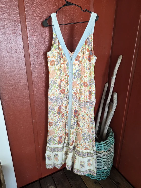 Free People Floral Maxi Dress with Pale Blue Trim