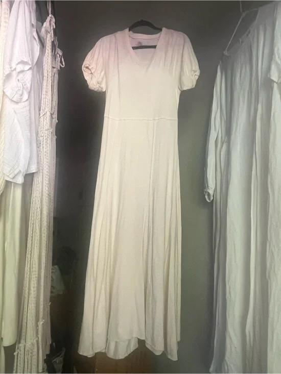 Free People Cream V-Neck Maxi Dress with Puff Sleeves