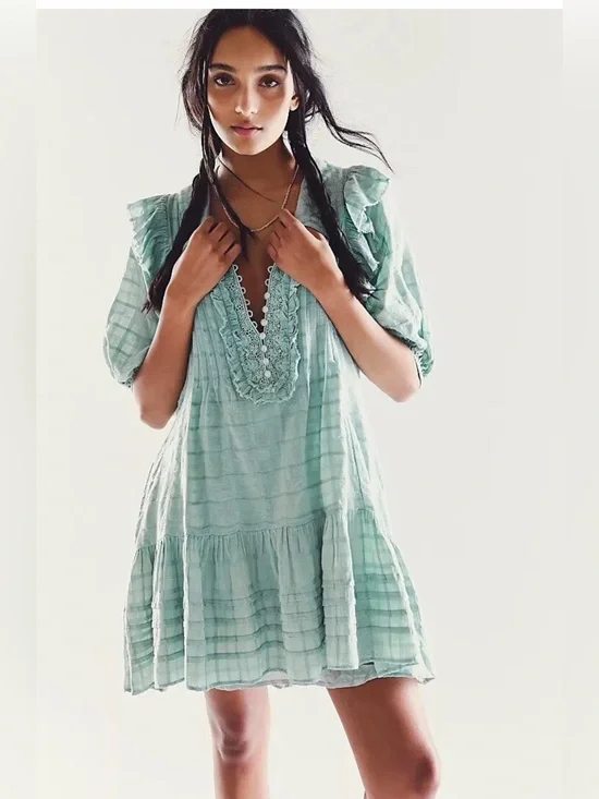 Free People Elora Mini Dress Mermaids Tail Mint Green Boho Size M