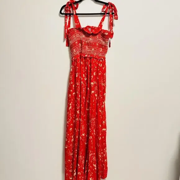 Free People Dress Womens Small Red Palazzo Jumpsuit My World Smocked Maxi NWT