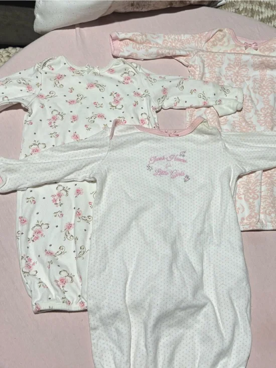 Little Me Pink and White Floral Cotton Infant Nightgown Set 0-3mo
