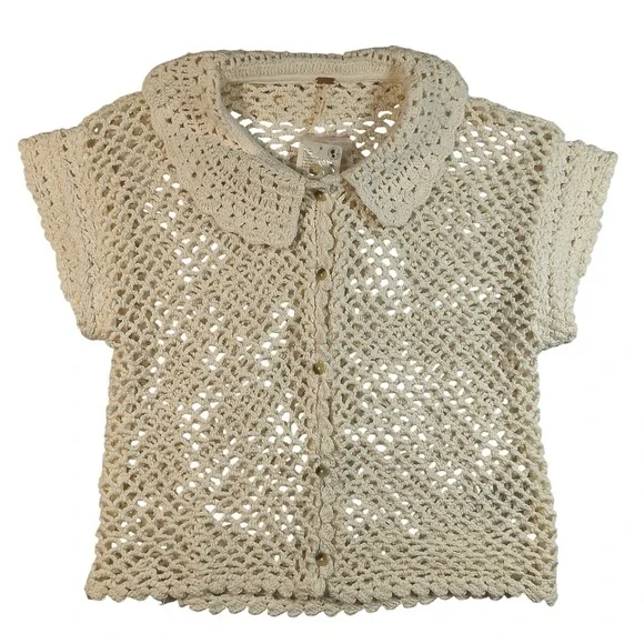 Free People Lily Crochet Top Coconut Milk Large NWT Cotton Open Knit Boho Blouse
