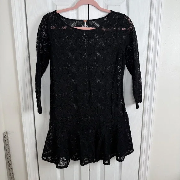 Free People Lace Mini Dress 2 Black Goth Whimsigoth Drop Waist Ruffle Sheer Boho
