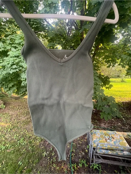 Free People Ribbed V-Neck Olive Green Bodysuit
