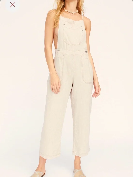 Free People Cream Linen-Blend Wide-Leg Overalls