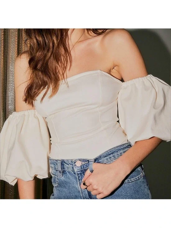 Free People Cream Off-Shoulder Puff Sleeve Camisole Top