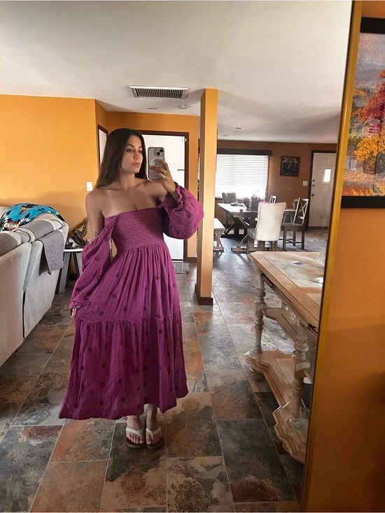 Free People Magenta Purple Off Shoulder Maxi Dress XS Boho