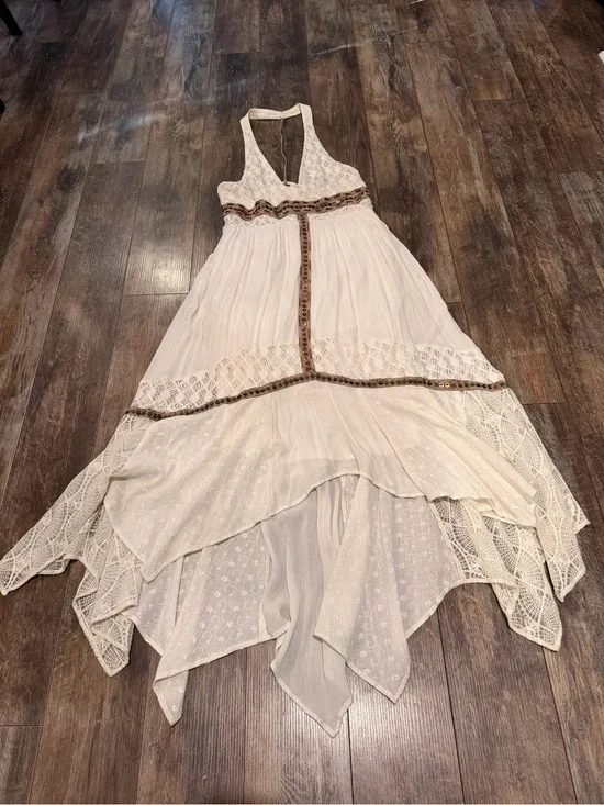 🪻Free People Ivory Lace Halter High-Low Maxi Dress