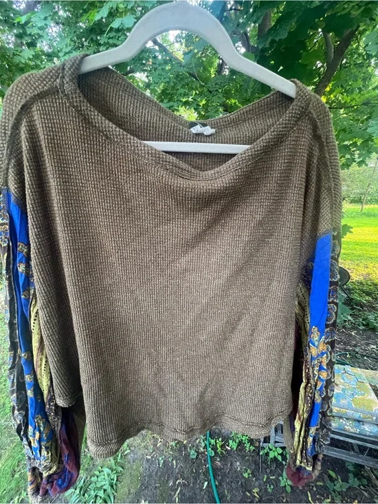 Free People Brown Knit Sweater with Bold Blue Patterned Sleeves