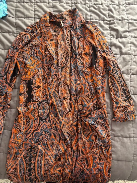 Free People Women’s Orange and Black Paisley Long Duster