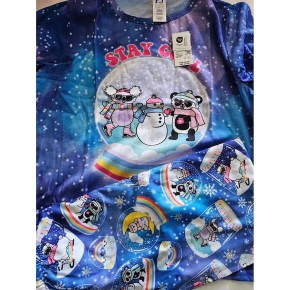 Pj Place Stay Cozy Snow Friends Galaxy Blue Kids Pajama Set- New