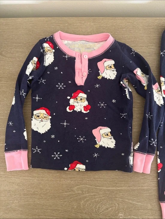 The Beaufort Bonnet Company Navy Santa Print Pajama Top with Pink Trim