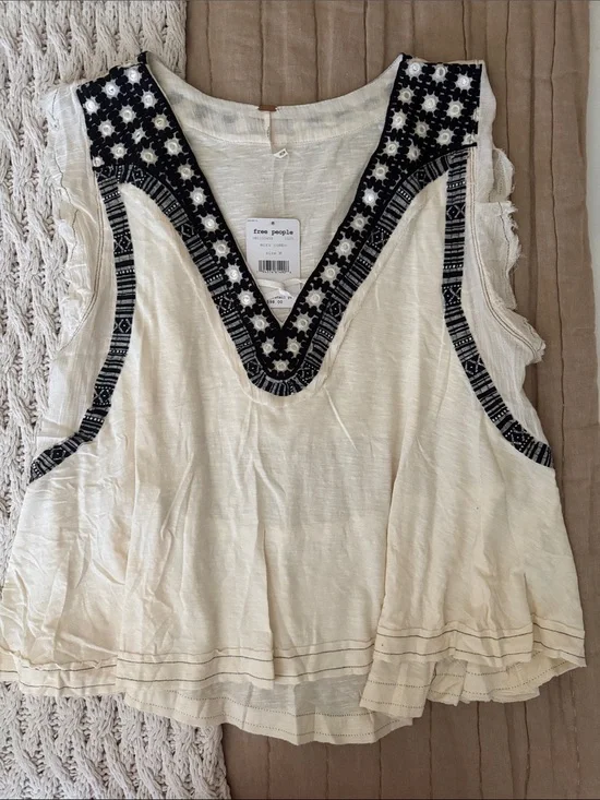 Free People Cream Tank with Black Embroidered V-Neck