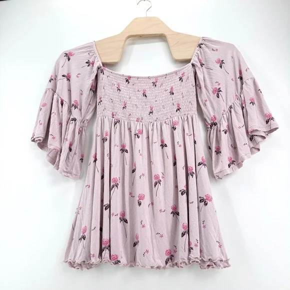 Free People Lana Off The Shoulder Top Size S Floral Smocked Bell Sleeve Boho