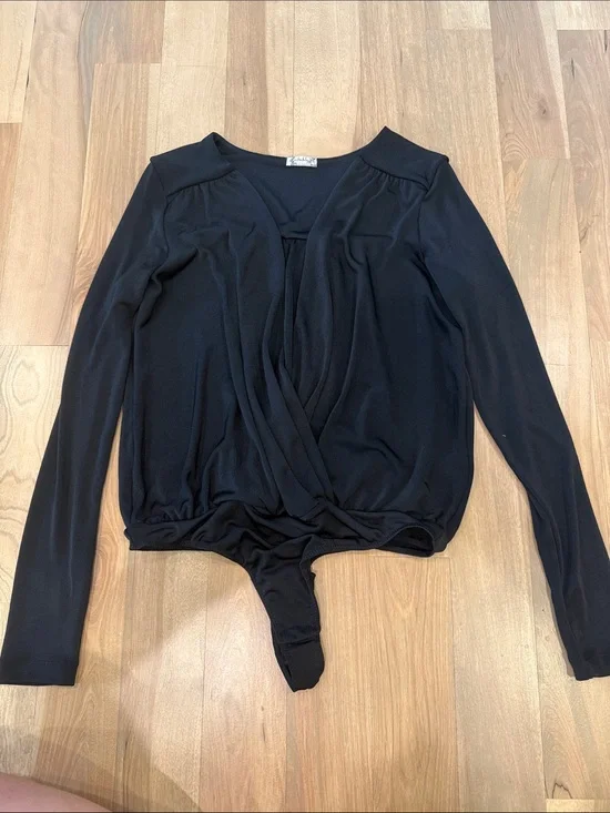 Free People Black Long-Sleeve Wrap Bodysuit