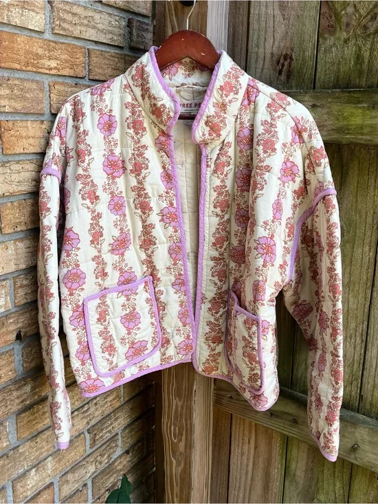 Free People Chloe Quilted Floral Jacket in Cream and Pink Trim