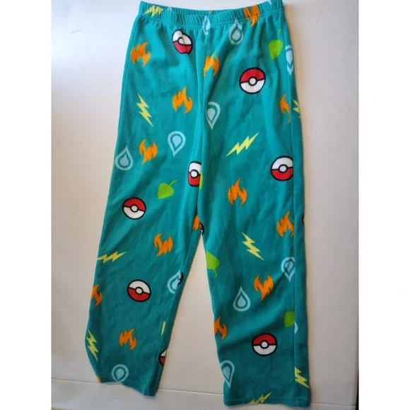 Pokemon Kids Size 12 Teal‎ Fleece Pajama Pants Poke Ball Elemental Symbols PJs