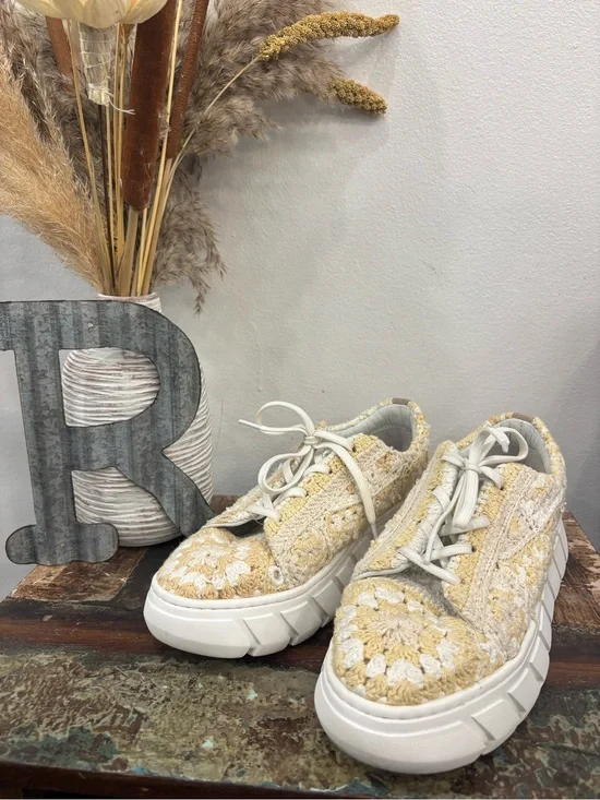 Free People Crochet Platform Sneakers in Cream and White