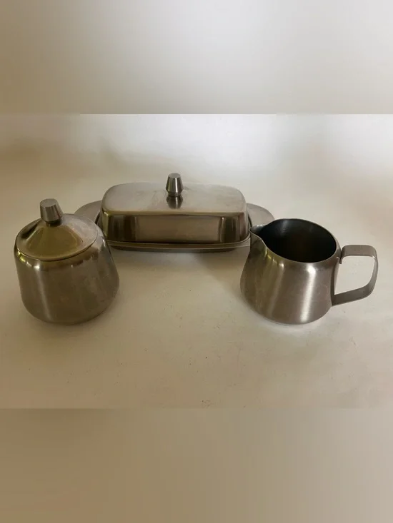 Vintage MCM Stainless Steel Butter Sugar Lid Creamer Set Oneida 18/8 Japan Retro