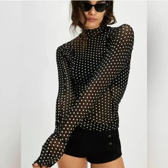 Free People Charlie Printed Mesh Layering Top Luna Dot Black White Small