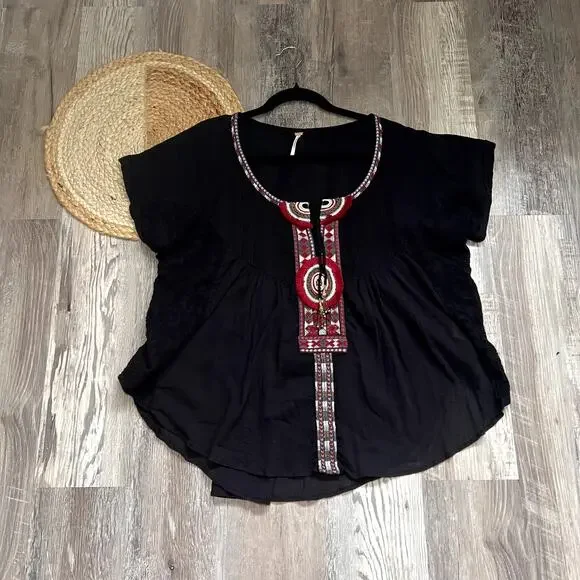 FREE PEOPLE Boho Embroidered Womens Blouse