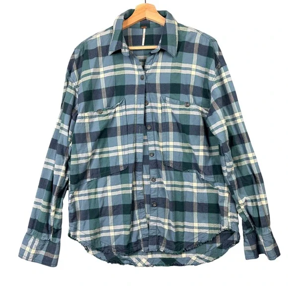 Free People One of the Guys Plaid Shirt Blue Green Frayed Hem Oversized S P