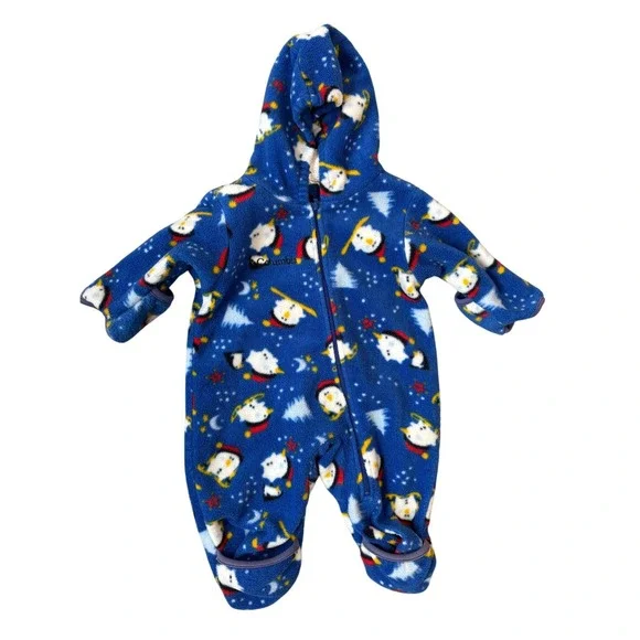 Columbia‎ Fleece Bunting 0-6 Months Blue Penguin Snowman VTG Soft Warm Snowsuit