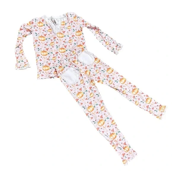 Smockingbird fall pumpkin print Pajama Set orange & White ruffle hems 5(girls)