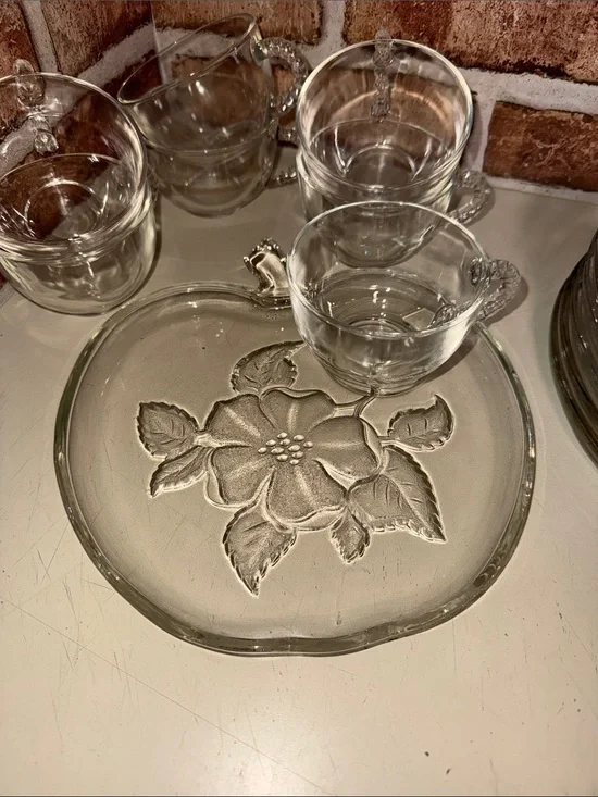 Hazel Atlas Apple Blossom sip and snacks plated. Set of 7