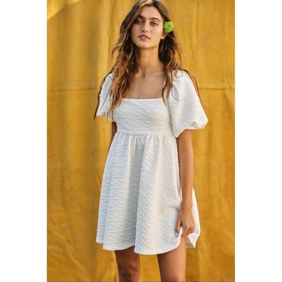 Free People Violet Mini Dress White Puff Sleeve Tie Back Textured Babydoll XS